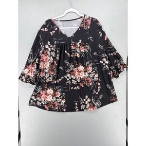 Micoson Womens Blouse Black Floral Ruffle Sleeve Plus Size 4XL